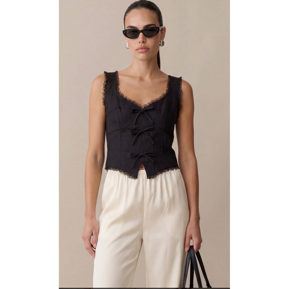 Few Moda Kourt Women Black Linen Lace Trim Corset Tie Front Vest Top Size 6